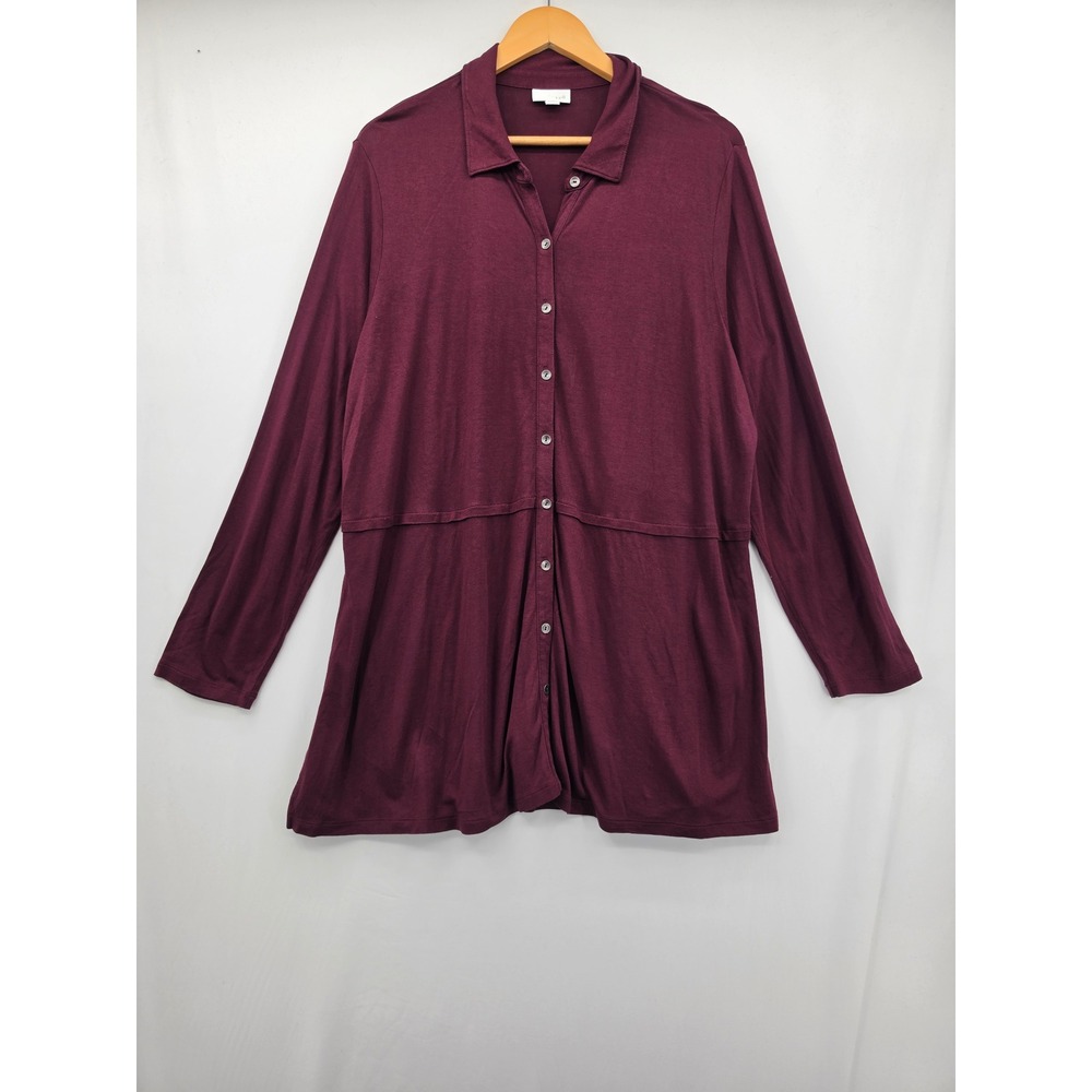 J. Jill Tunic Top Womens 2X Burgundy Rayon Tencel Knit Button Down Long Sleeve